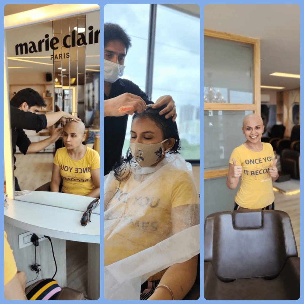 stage 3 breast cancer survivor Harsha Nagi getting her hair cut 
